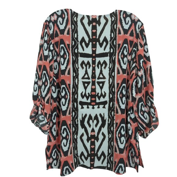 Chico's size‎ 2 / L brown coral geometric Tunic long sleeve tab sleeve V neck - Picture 2 of 16